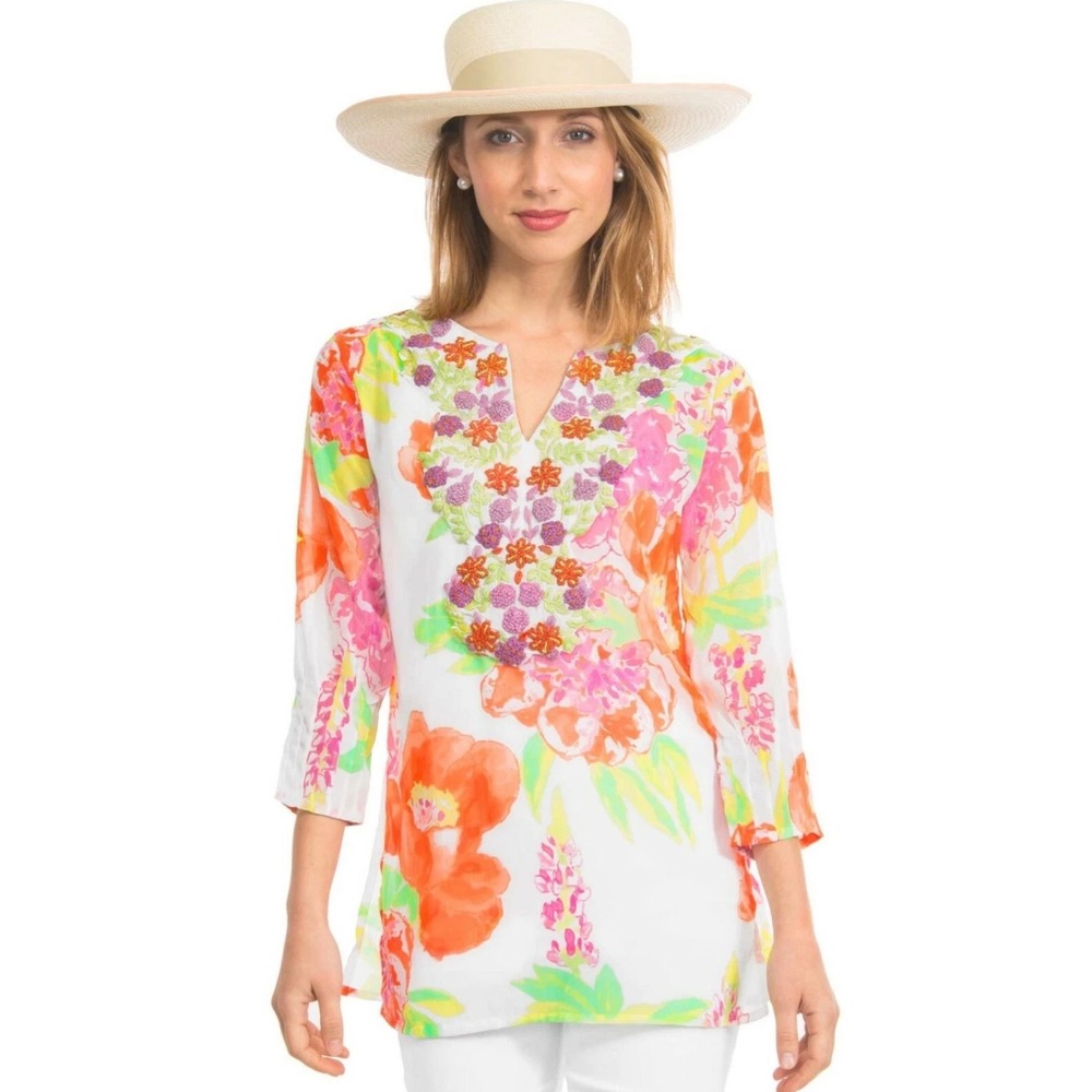 Gretchen Scott Peony Paradise Floral Embroidered Tunic Resort Coastal Boho Top S